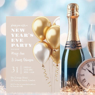 MODERN New Years Eve Party Gold Balloons Champagne Invitation