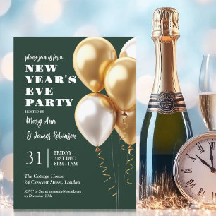MODERN New Years Eve Party Gold Balloons Emerald Invitation