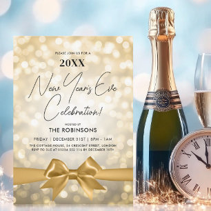 MODERN New Years Eve Party Gold Bokeh Bow Invitation