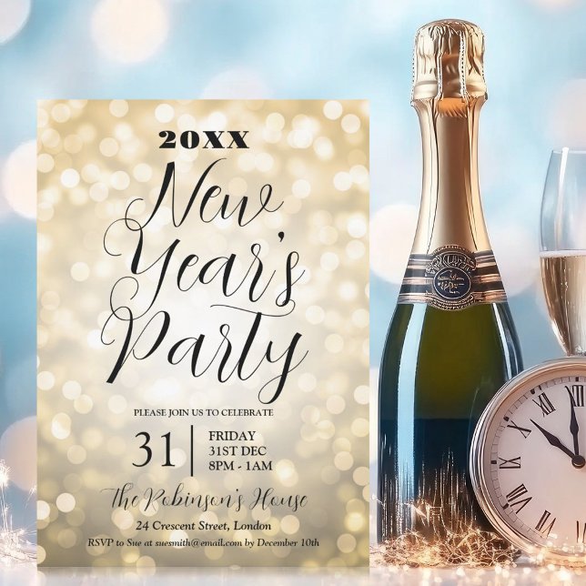 MODERN New Years Eve Party Gold Bokeh Lights Invitation (MODERN New Years Eve Party Gold Bokeh Lights Invitation)