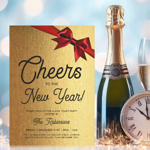 MODERN New Years Eve Party Gold Glam Red Bow Invitation