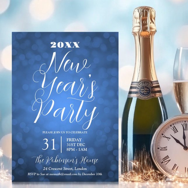 MODERN New Years Eve Party Navy Blue Bokeh Lights Invitation (MODERN New Years Eve Party Navy Blue Bokeh Lights Invitation)