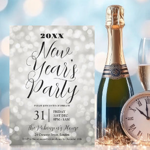 MODERN New Years Eve Party Silver Bokeh Lights Invitation