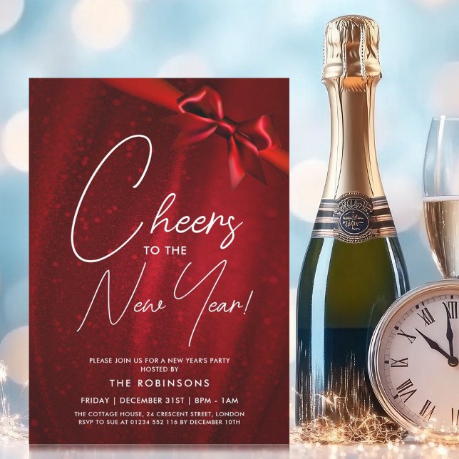 MODERN New Years Eve Red Sparkle Sequin Bow Invitation (MODERN New Years Eve Red Sparkle Sequin Bow Invitation)