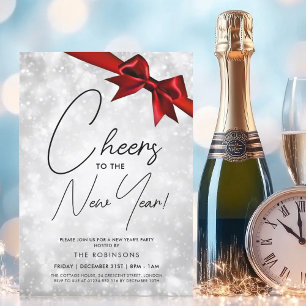 MODERN New Years Eve Silver Champagne Bokeh Bow Invitation