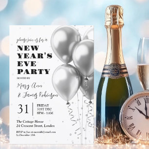 MODERN New Years Eve Silver Confetti Balloons Invitation