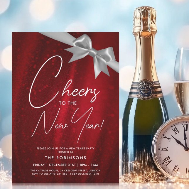 MODERN New Years Eve Silver Red Sparkle Sequin Bow Invitation (MODERN New Years Eve Silver Red Sparkle Sequin Bow Invitation)