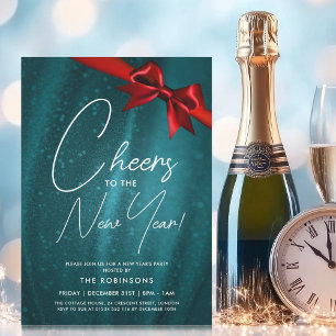 MODERN New Years Eve Teal Sparkle Sequin Bow Invitation