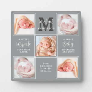 Modern Newborn Baby Personalised 5 Photo Collage Plaque