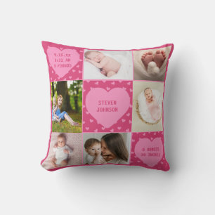Modern Newborn Baby Personalised 6 Photo Collage  Cushion