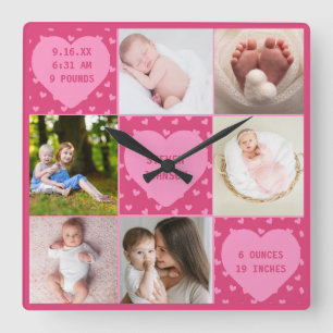 Modern Newborn Baby Personalised 6 Photo Collage  Square Wall Clock