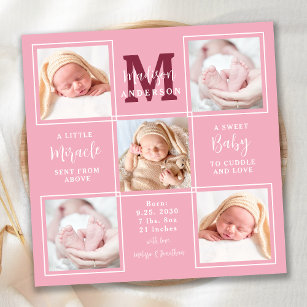 Modern Newborn Personalised 5 Photo Pink Birth Announcement