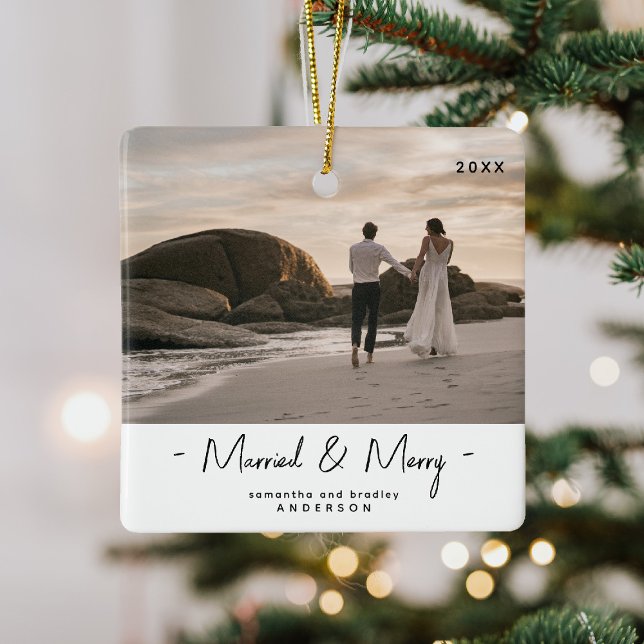 Modern Newly Weds 1st Christmas Photo Christmas Ceramic Ornament (Creator Uploaded)