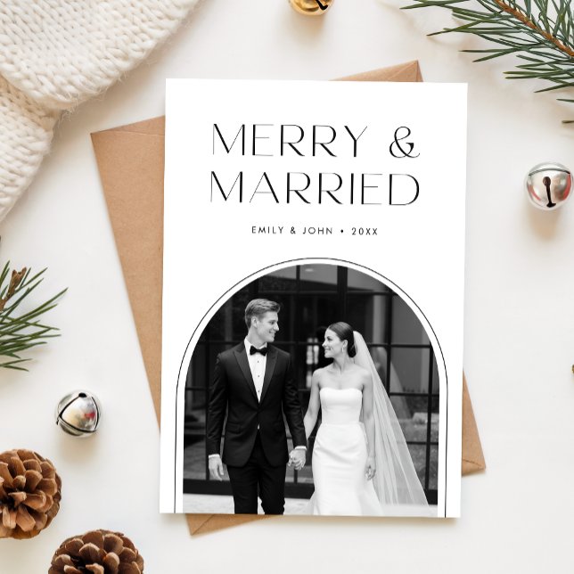 Modern Newlywed Black & White Arch Photo Christmas Holiday Card (Creator Uploaded)