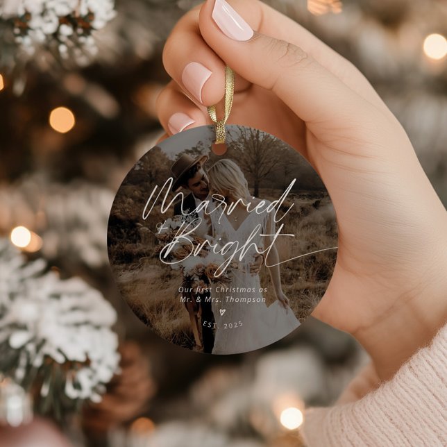 Modern Newlywed Married First Christmas Photo Ceramic Tree Decoration (Creator Uploaded)