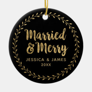 Modern Newlywed Photo Married and Merry Ceramic Tree Decoration