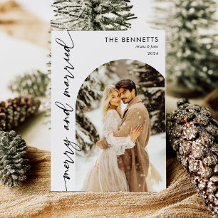 Modern Newlywed Photo Merry & Married  Holiday Card