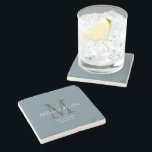 Modern Newlyweds Established Dusty Blue Monogram Stone Coaster<br><div class="desc">Give a perfect keepsake with this Modern Newlyweds Established Dusty Blue Monogram Stone Coaster. It is a modern customisable design in dusty blue, white and light grey. Bride and groom's first names are on the centre in modern white handwriting script lettering and initial of new last name is in grey....</div>