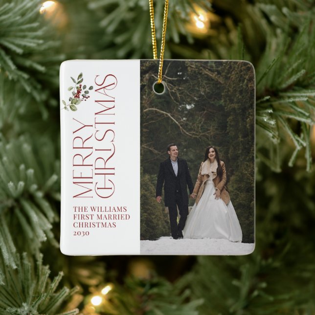 Modern Newlyweds First Married Christmas Photo Ceramic Ornament (Tree)