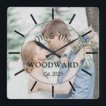 Modern Newlyweds Wedding Photo<br><div class="desc">Modern newlyweds photo wedding photo clock in simple script and serif typography,  with your own photo,  married name,  and wedding date. there is a light tint over the photo so that the type will show up better. Simply upload your photo and customise the text.</div>