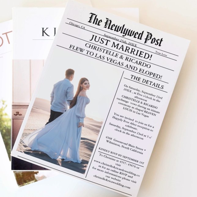Modern newspaper elopement just married announceme invitation (Creator Uploaded)