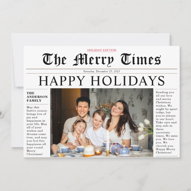 Modern Newspaper Happy Holidays Fun Photo Card (Front)