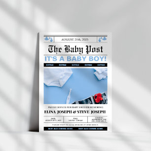 Modern Newspaper photo Boy Baby shower Invitation