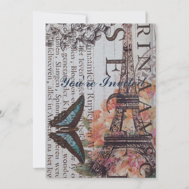 modern newspaper print french Paris Eiffel Tower Invitation (Front)