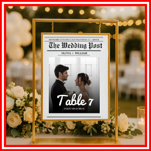Modern Newspaper Wedding Table Number with Photo