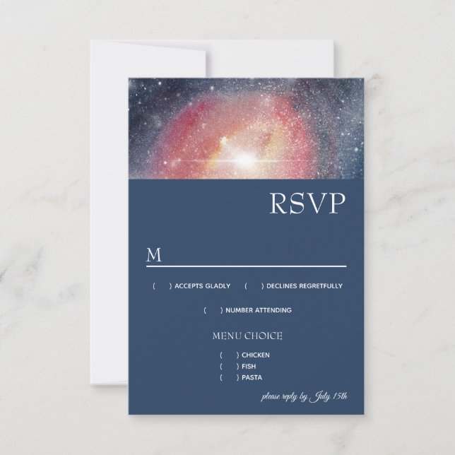 Modern Night Sky Galaxy Blue Purple Red Menu RSVP (Front)