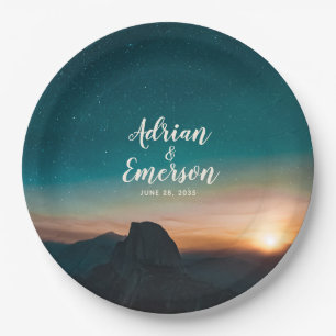 Modern Night Sky Mountain Galaxy Sunrise Wedding Paper Plate