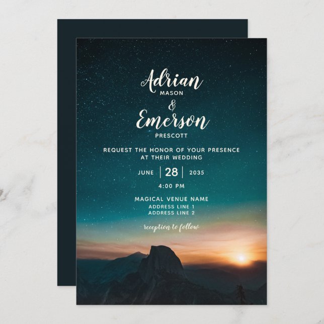 Modern Night Sky Mountain Sunrise Teal Wedding Invitation (Front/Back)