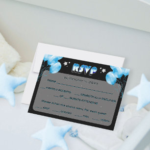 Modern Night Stars Baby Shower Blue Balloons Black RSVP Card