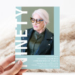 Modern NINETY Photo 90th Birthday Party Invitation<br><div class="desc">Discover the perfect way to celebrate a 90th birthday with our modern invitation design. Personalise the soft teal background to match your party's theme,  add a photograph,  change the 'NINETY' text,  and use our elegant birthday party template for a stylish,  trendy invite that's perfect for any age!</div>