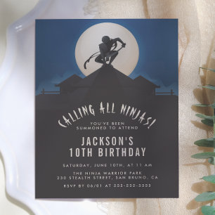 Modern Ninja on Roof Top Silhouette Birthday Party Invitation Postcard