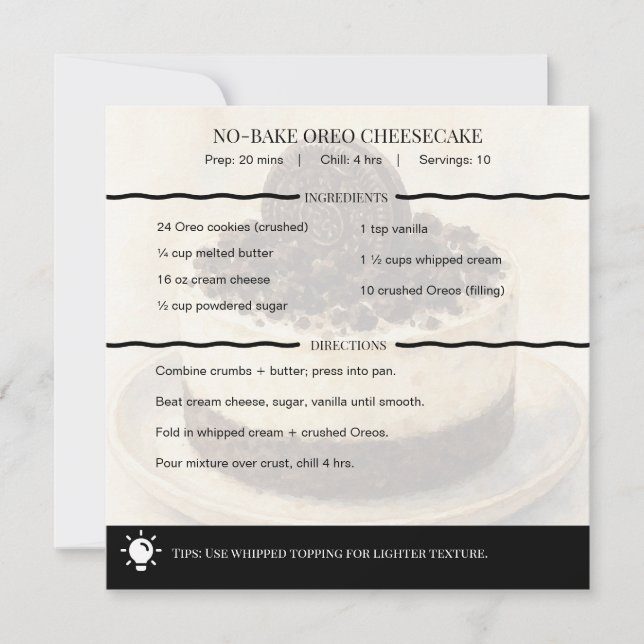 Modern No-Bake Oreo Cheesecake Recipe Card (Front)