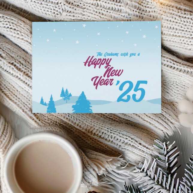 Modern no-photo Happy New Year Flat Greeting Card (Illustrative Happy New Year flat greeting card with winter scenery of trees and stars.)