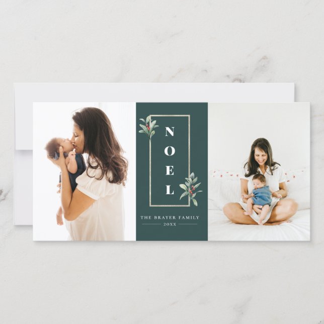 Modern NOEL Gold Winter Berry Frame Photo Holiday Card (Front)