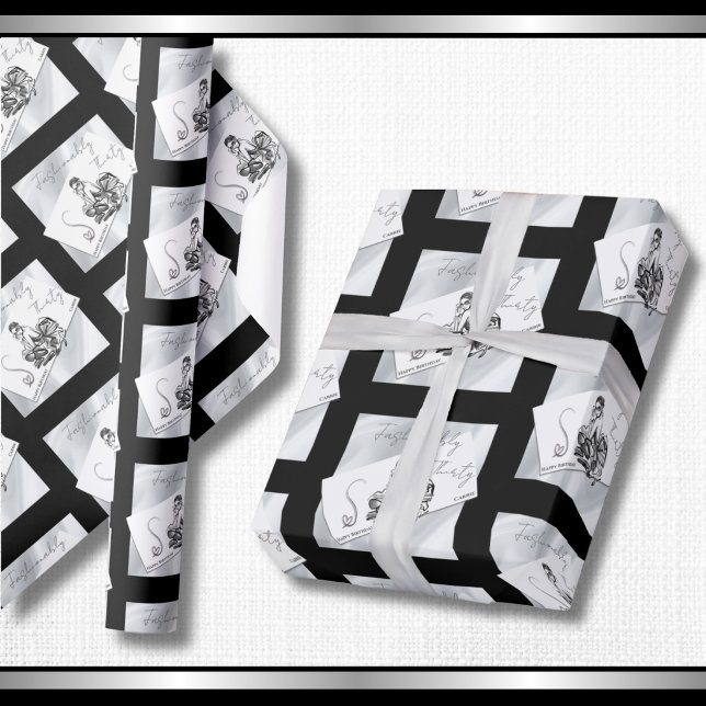Modern Noir 30th Birthday Couture Wrapping Paper (Chic Noir couture wrapping paper with a modern repeating fashion card print.)