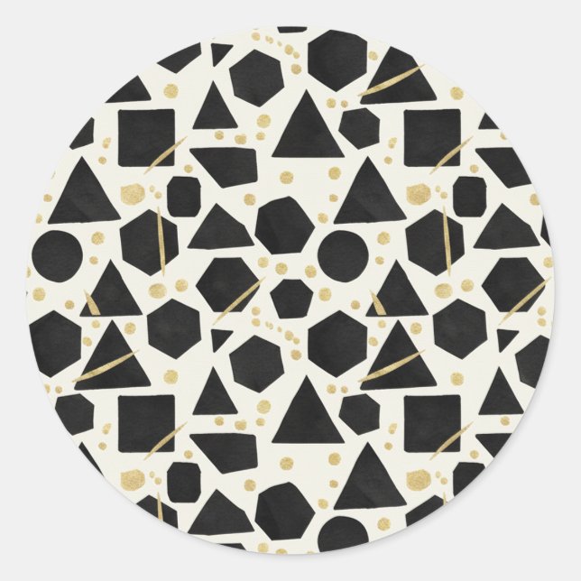 Modern Noir Geometric & Gold Splatter Classic Round Sticker (Front)