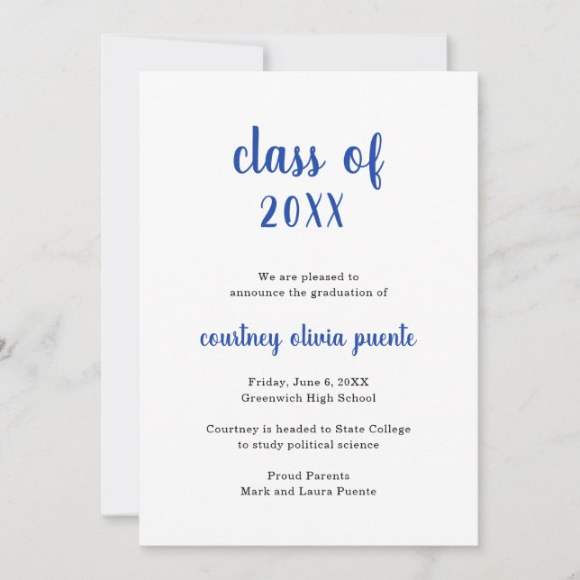 Modern Non Photo Simple Blue Graduation Announcement (Front)