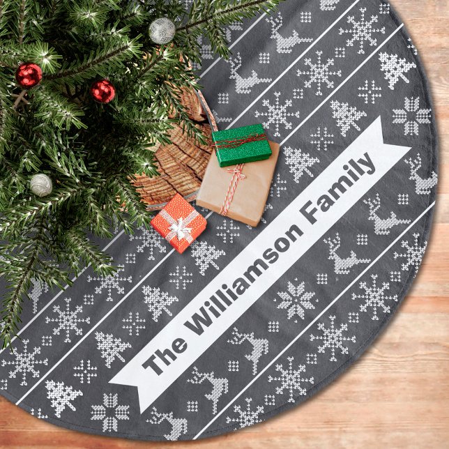 Modern Nordic Knit Ugly Sweater Chalkboard Name Fleece Tree Skirt (Creator Uploaded)