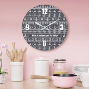Modern Nordic Knit Ugly Sweater Chalkboard Name Large Clock