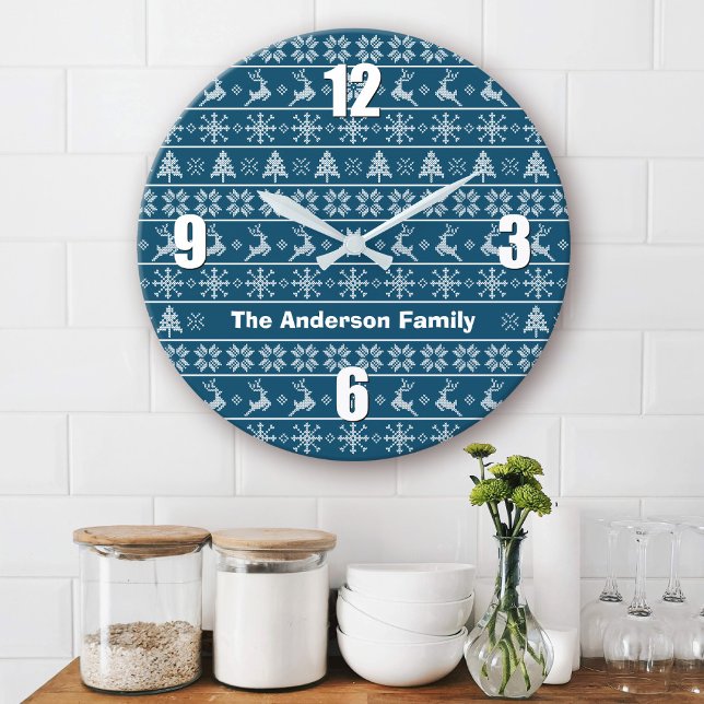 Modern Nordic Knit Ugly Sweater Navy White Name Large Clock (Creator Uploaded)