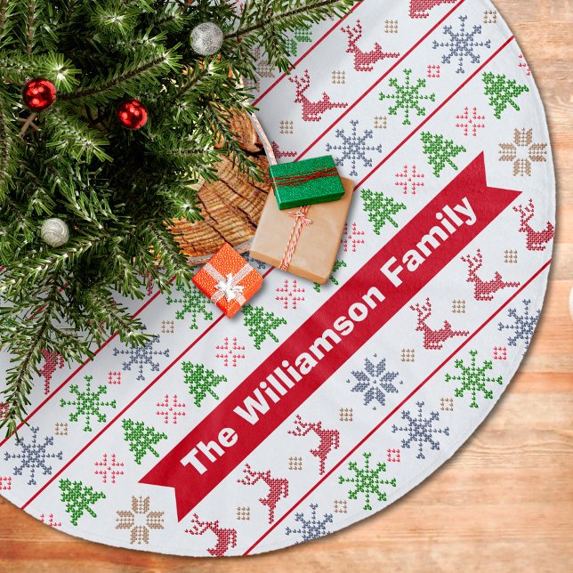 Modern Nordic Knit Ugly Sweater Red Green Monogram Fleece Tree Skirt (Creator Uploaded)