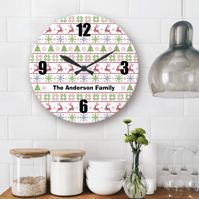 Modern Nordic Knit Ugly Sweater Red Green Name Large Clock (Creator Uploaded)