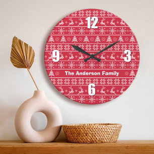 Modern Nordic Knit Ugly Sweater Red White Name Large Clock