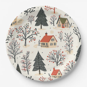 Modern Nordic Winter Cottages Crimson Green Folk Paper Plate