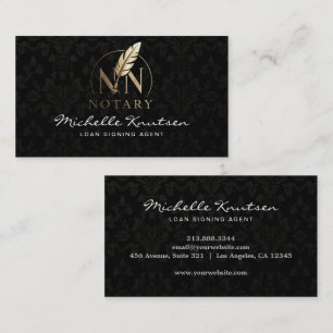 Modern Notary Loan Signing Agent Black Gold Damask Business Card