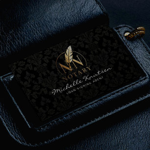 Modern Notary Loan Signing Agent Black Gold Damask Business Card